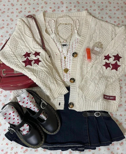 Red Taylors Version Cream Stars Cardigan